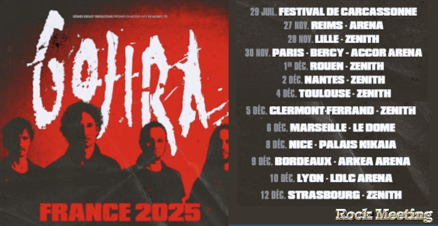 gojira en tournee en france en 2025 pour 13 dates dont paris toulouse lyon bordeaux lille strasbourg marseille nantes rouen clermont ferrand nice reims carcassonne